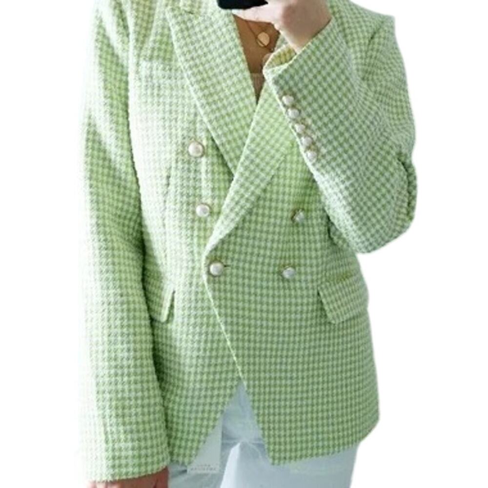 House of Harlow Houndstooth Tweed shimmer Lime Green White Suit Blazer XS